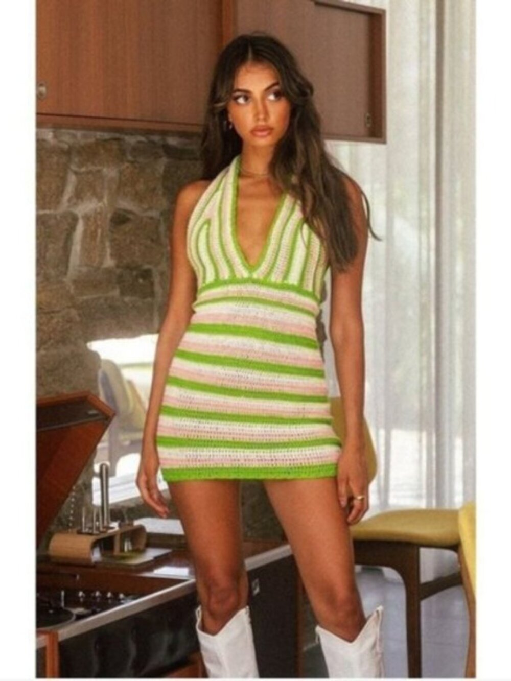 NWT Beginning Boutique Boho Crochet Coastal halter Mini Dress Sz 10